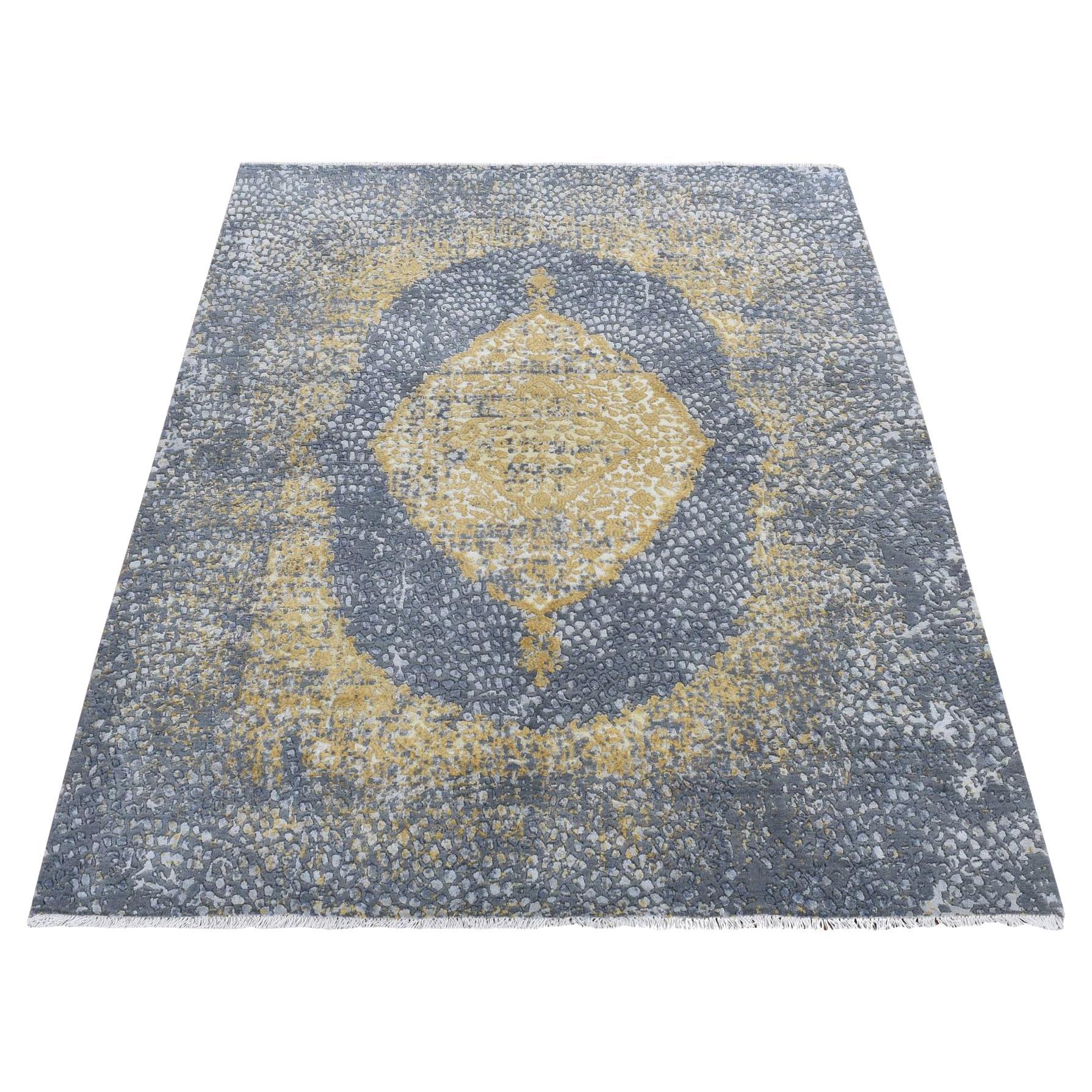 5
2 "x7
 Carbon Gray Persisch Medaillon Design Wolle und Seide Hand geknüpft Teppich