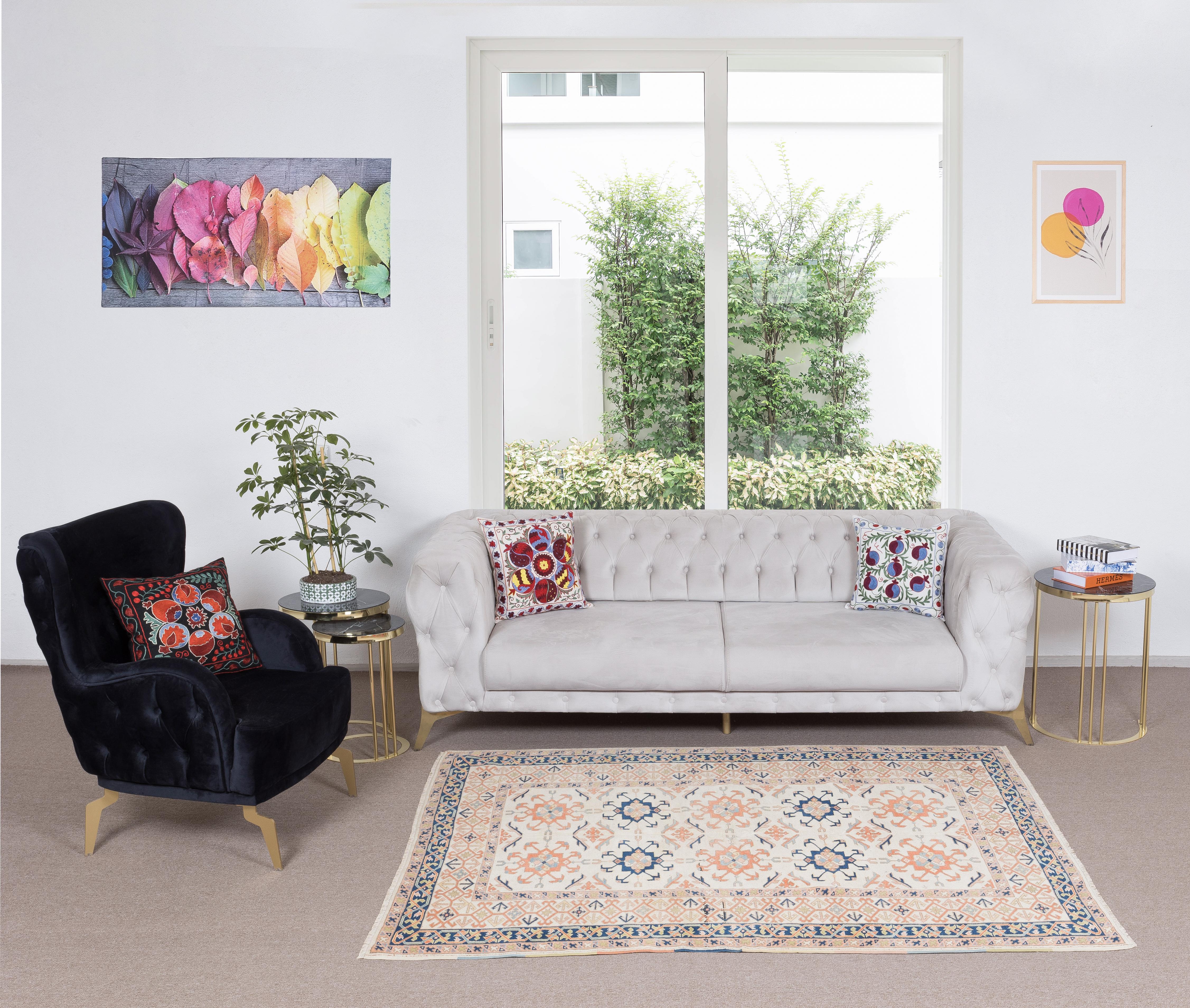 Tribal 5.2x7 Ft Handmade Wool Area Rug, Vintage Turkish Carpet for Living Room Decor For Sale