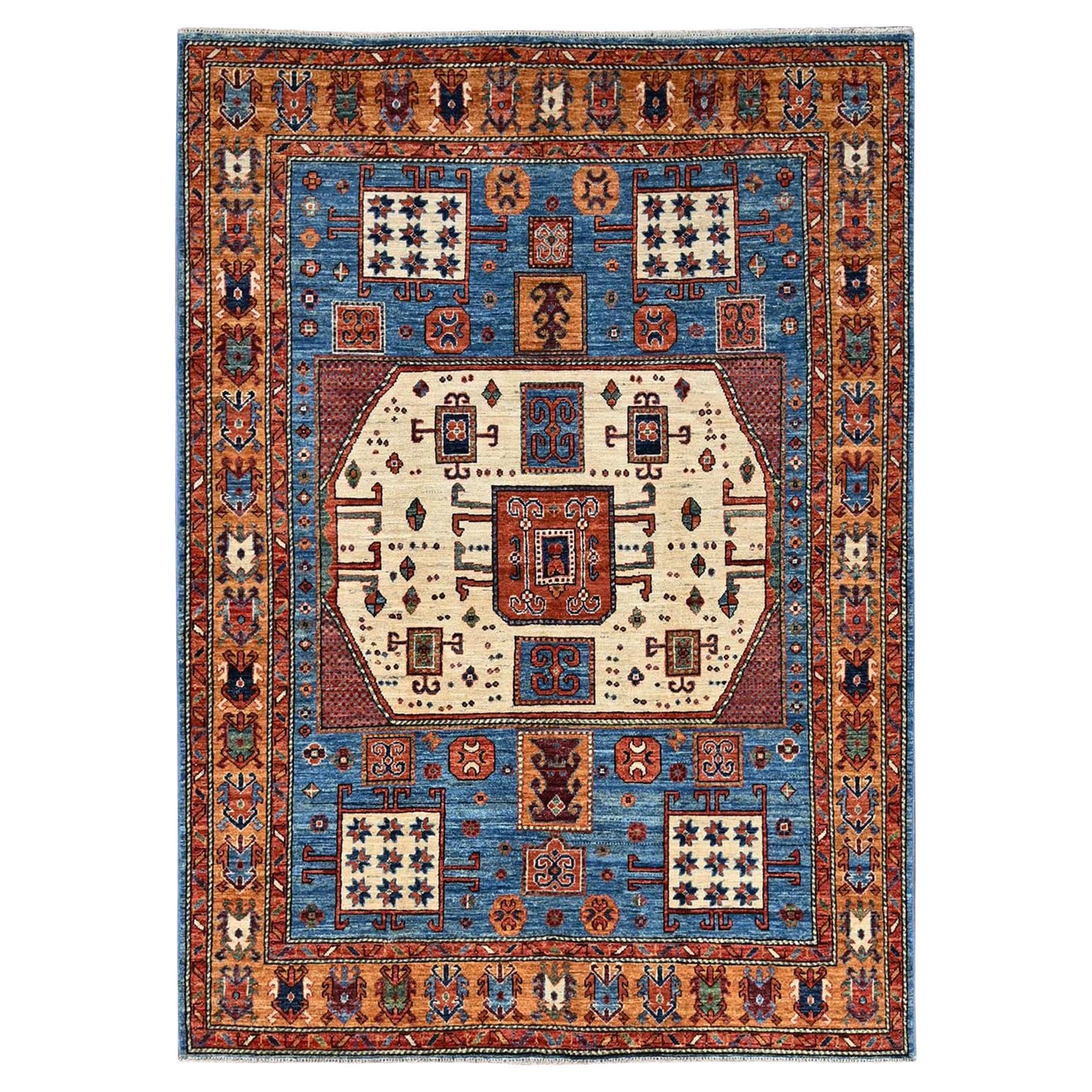 5'2 "x7' Alfombra de lana anudada a mano con diseño karachopf kazak azul imperial antiguo