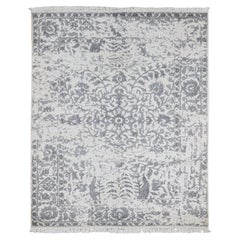 5'2"x7' Ivory Erased Persian Design Plant Base Silk Hand Knotted Rug
