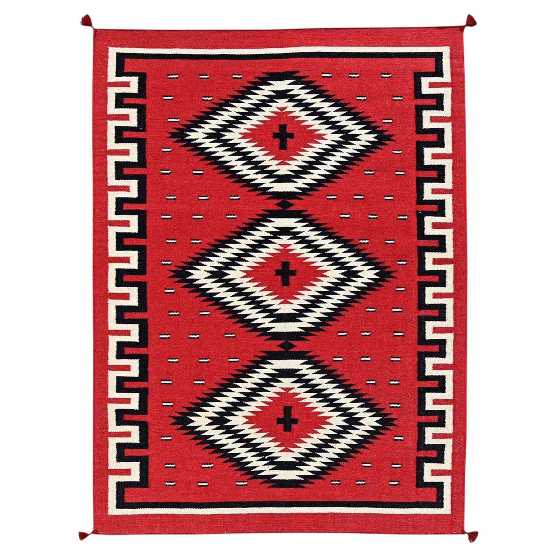 5'2"x7' Red Southwest Geometric Design Hand Woven Flat Weave Pure Wool XL Rug For Sale