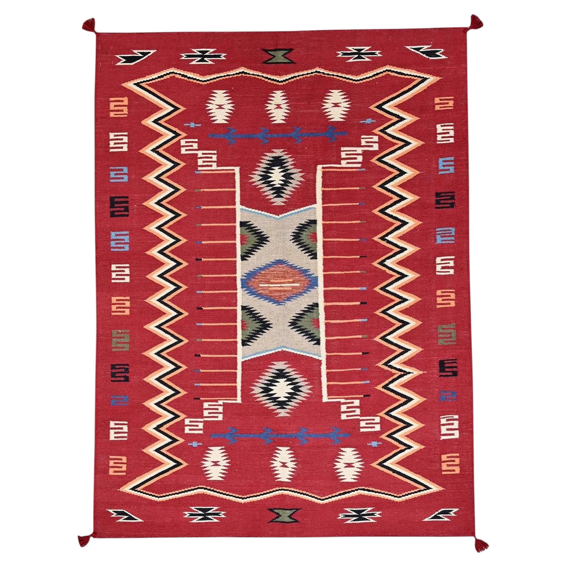 5'2"x7' Red Southwest Geometric Design Hand Woven Flat Weave Wool Oriental Rug For Sale