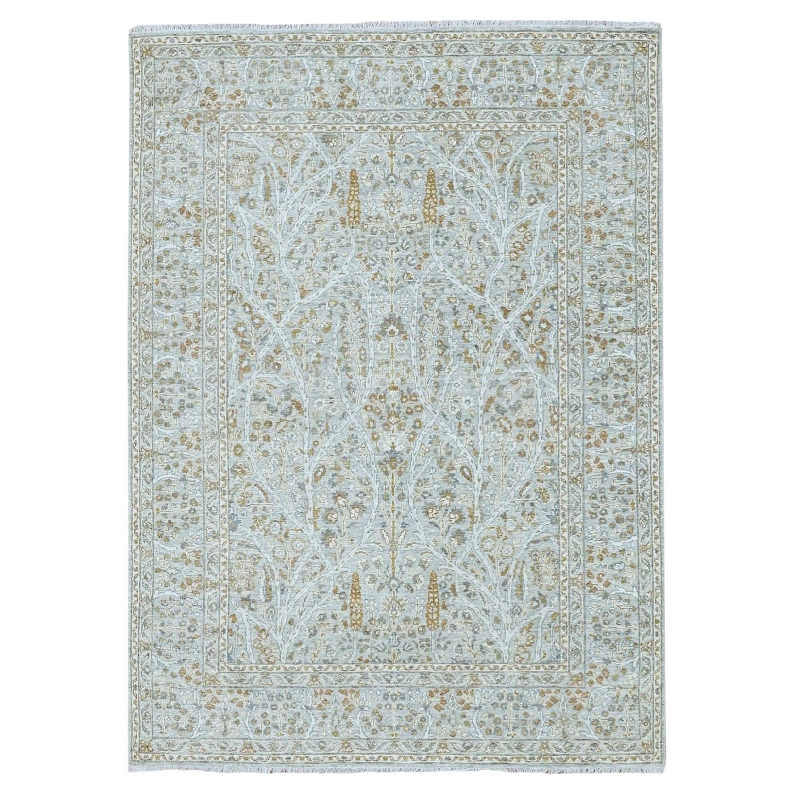 5'2"x7'1" Gray 200 KPSI Meditation Tree of Life Design Hand Knotted Wool Rug For Sale