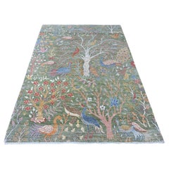 5'2 "x7'1" Alfombra de lana suave verde anudada a mano con diseño de aves del paraíso de Peshawar