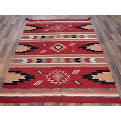 5'2"x7'1" Red Southwest Geometric Design Hand Woven Flat Weave Pure Wool Rug