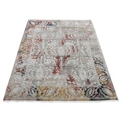 5'2"x7'1" Stone Gray, Broken Tulip Design, Silk with Wool, Hand Knotted Rug