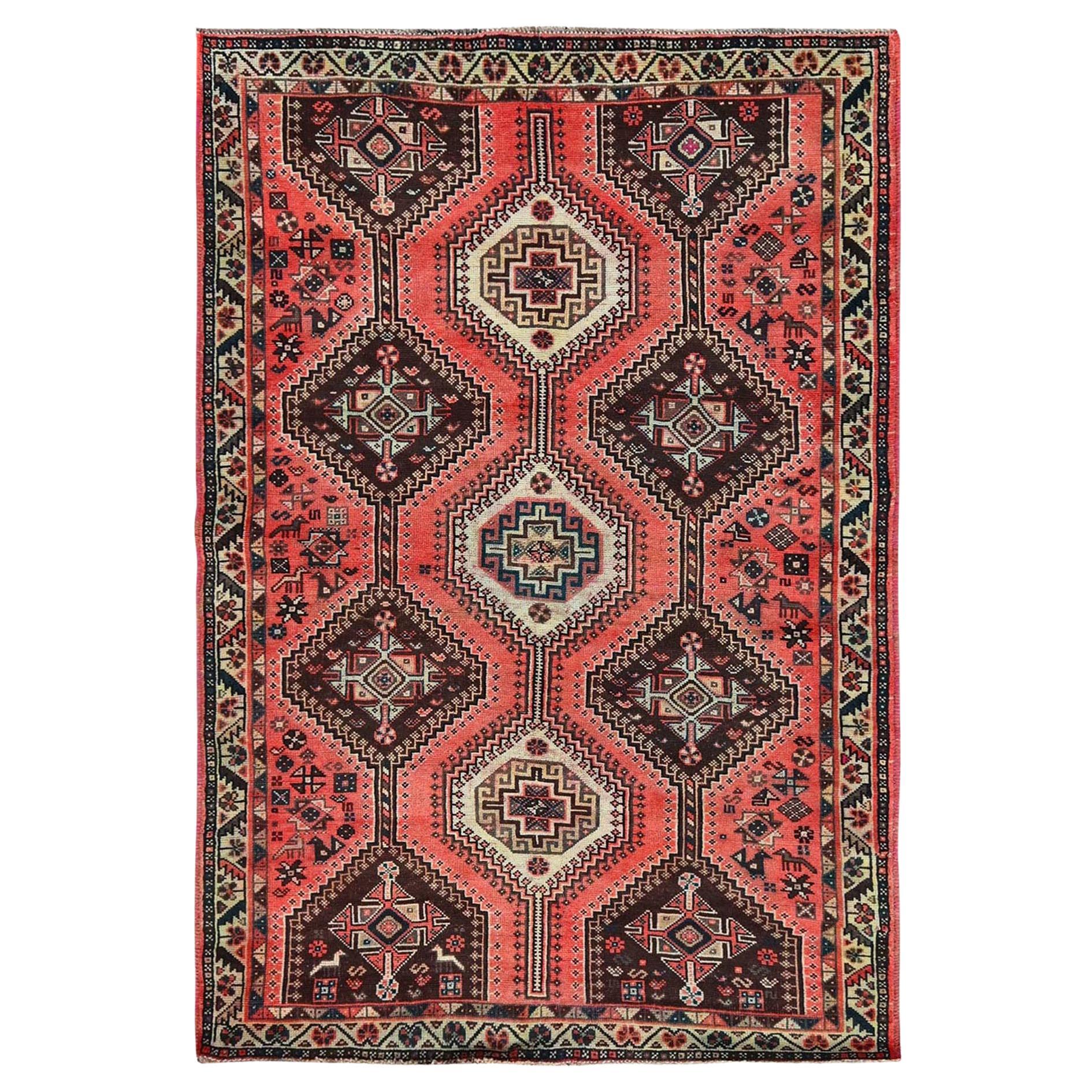 5'2 "x7'10" Blush Red Vintage Persian Shiraz Tappeto orientale in pura lana annodato a mano