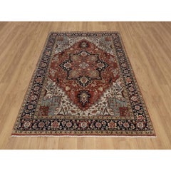 5'2"x7'2" Barn Red Antiqued Fine Heriz Recreation Hand Knotted Wool Oriental Rug