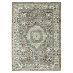 Alfombra Oriental de Lana de Diseño Prehistórico Mameluco Anudada a Mano Verde Albahaca de 1,80 x 1,80 m