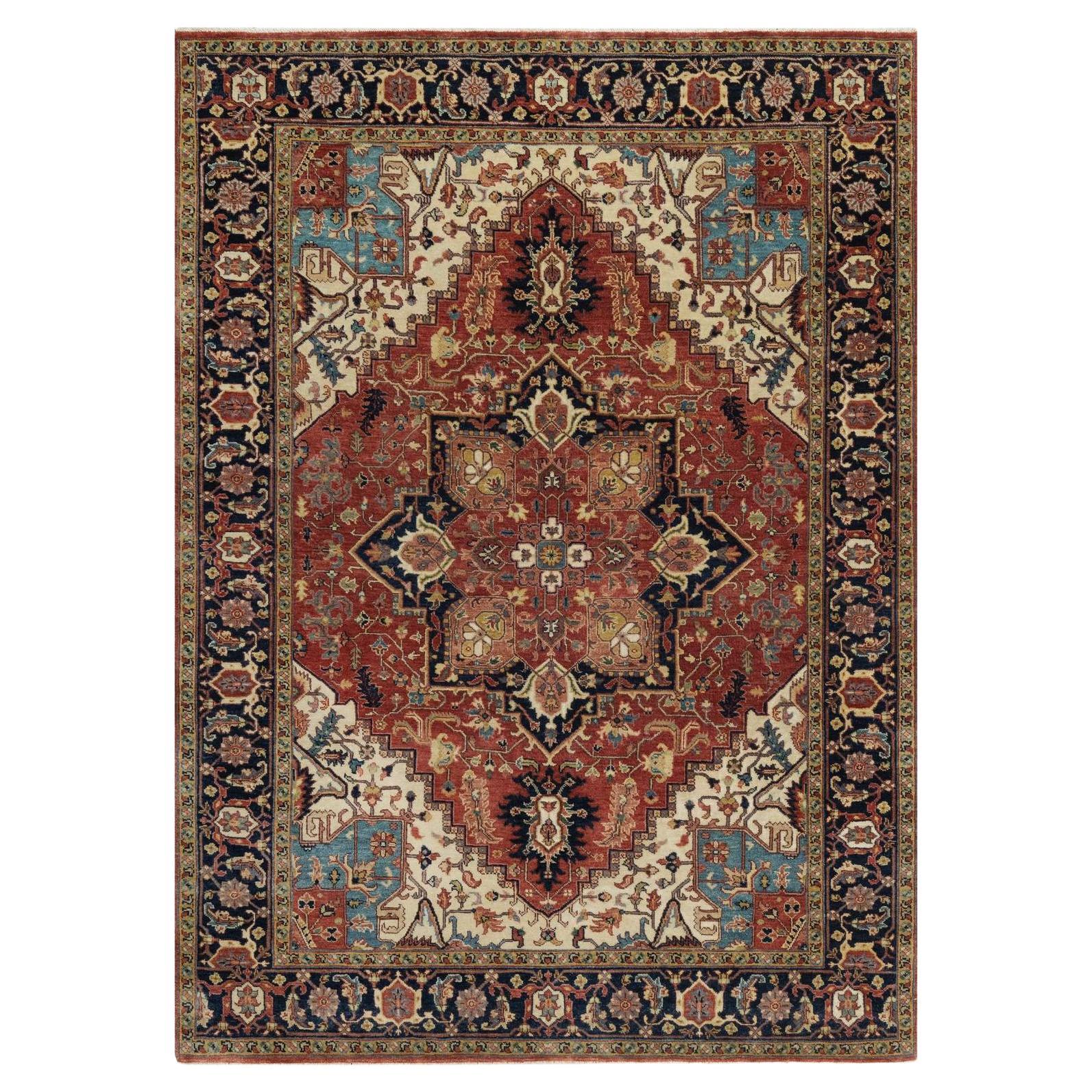 5'2"x7'2" Brick Red Antiqued Fine Heriz Re-Creation Hand Knotted Soft Wool Rug For Sale