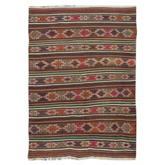 5.2x7.3 Ft Colorful Hand-Woven Turkish Vintage Banded Wool Kilim, Flat-weave Rug