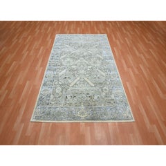 5'2"x7'4" Gray Pure Silk Oushak Design with Geometric Pattern Hand Knotted Rug
