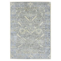 5'2"x7'4" Gray Pure Silk Oushak Design with Geometric Pattern Hand Knotted Rug