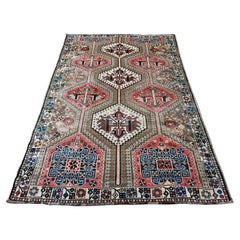 5'2 "x7'8" Alfombra de lana anudada a mano con motivos geométricos Persa Vintage Shiraz Gris
