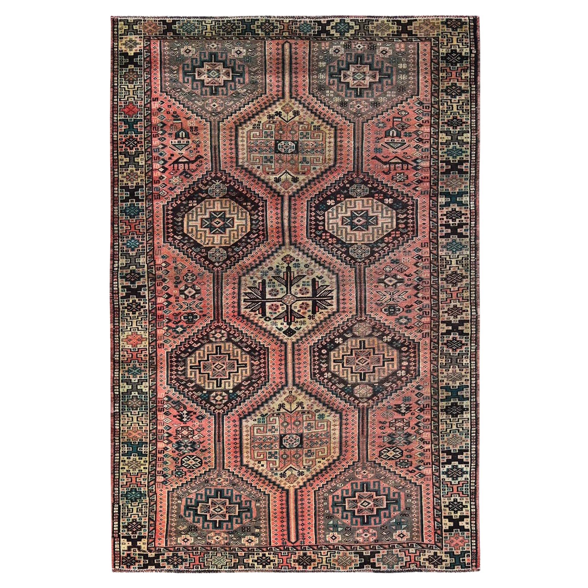 5'2"x8' Blush Red Semi Antiker persischer Shiraz Handgeknüpfter orientalischer Teppich aus Wolle