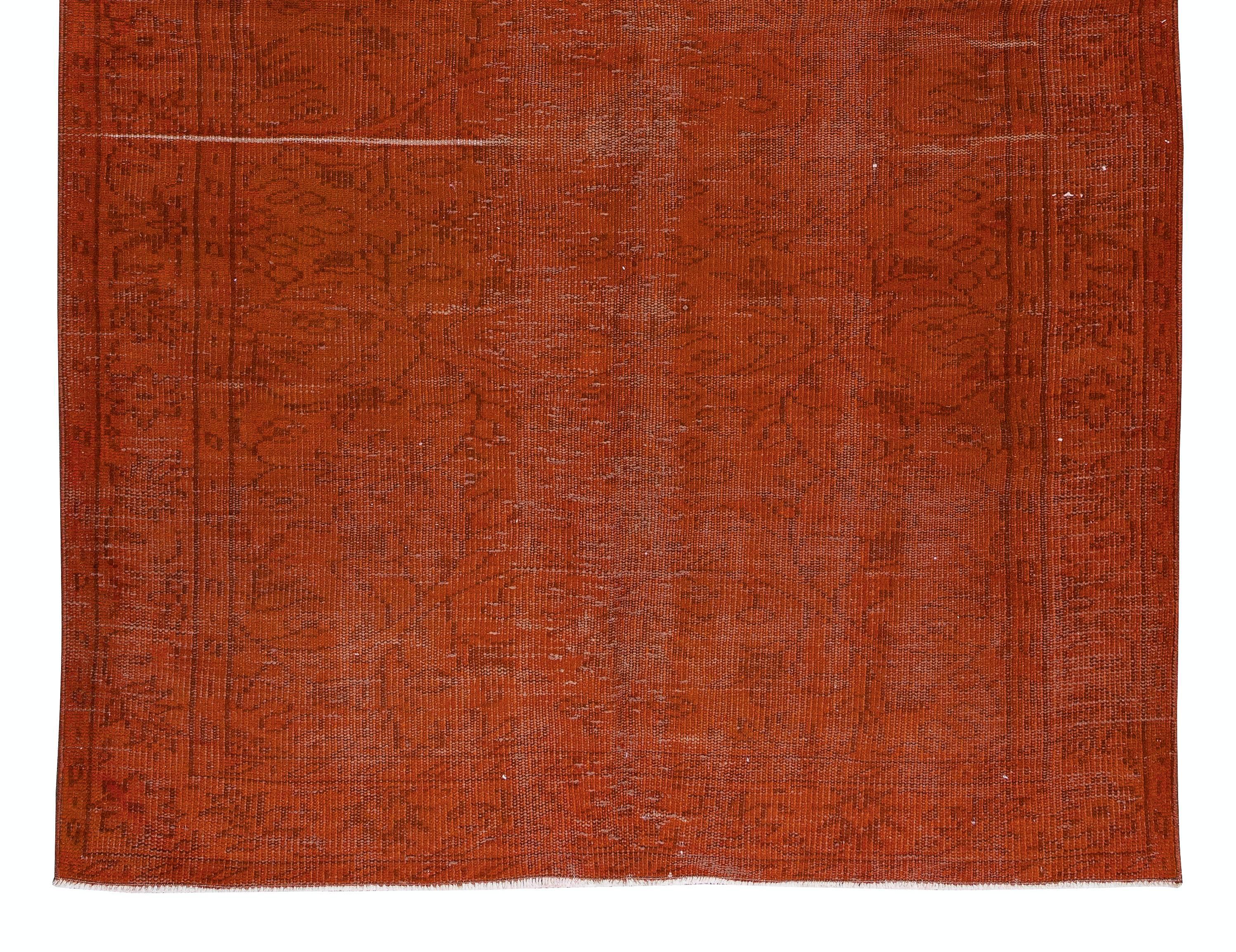 5.2x8.2 Ft Hand Knotted Turkish Rug Over-Dyed in Orange Contemporary Interiors In Good Condition For Sale In Spring Valley, NY