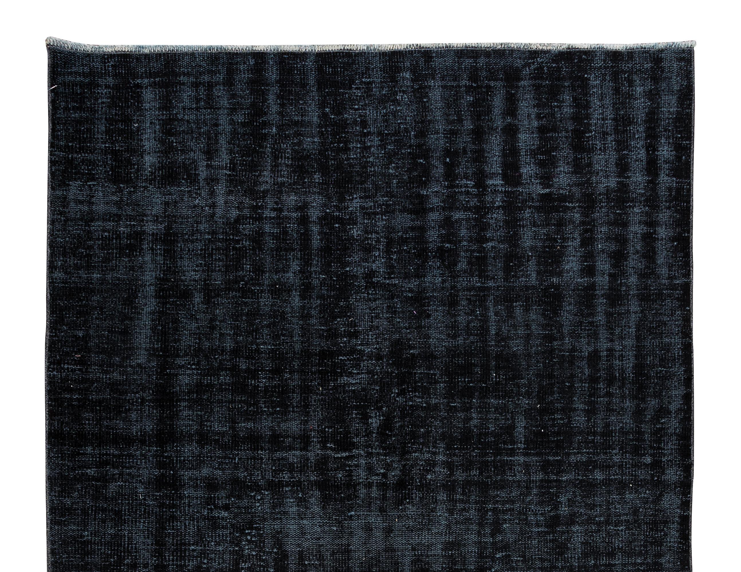 Modern 5.2x8.2 Ft Plain Solid Black Wool Area Rug, Contemporary Turkish Handmade Carpet For Sale