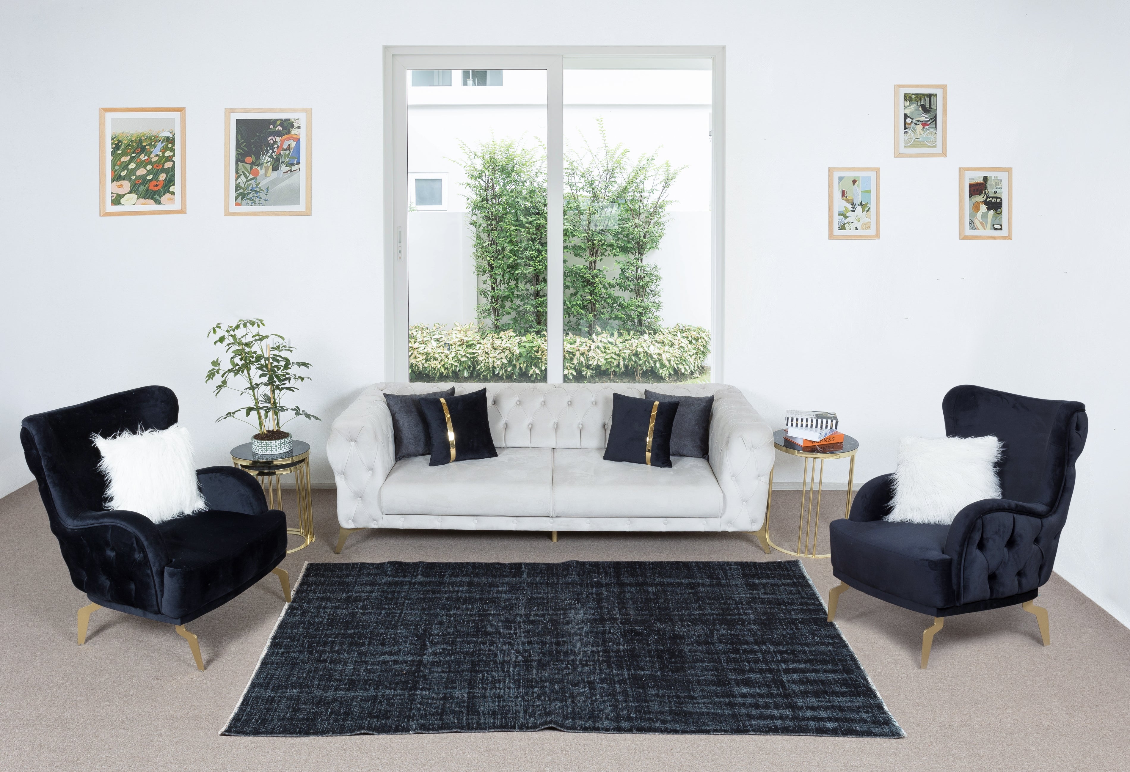 5.2x8.2 Ft Plain Solid Black Wool Area Rug, Contemporary Turkish Handmade Carpet For Sale