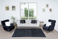 Vintage 5.2x8.2 Ft Plain Solid Black Wool Area Rug, Contemporary Turkish Handmade Carpet