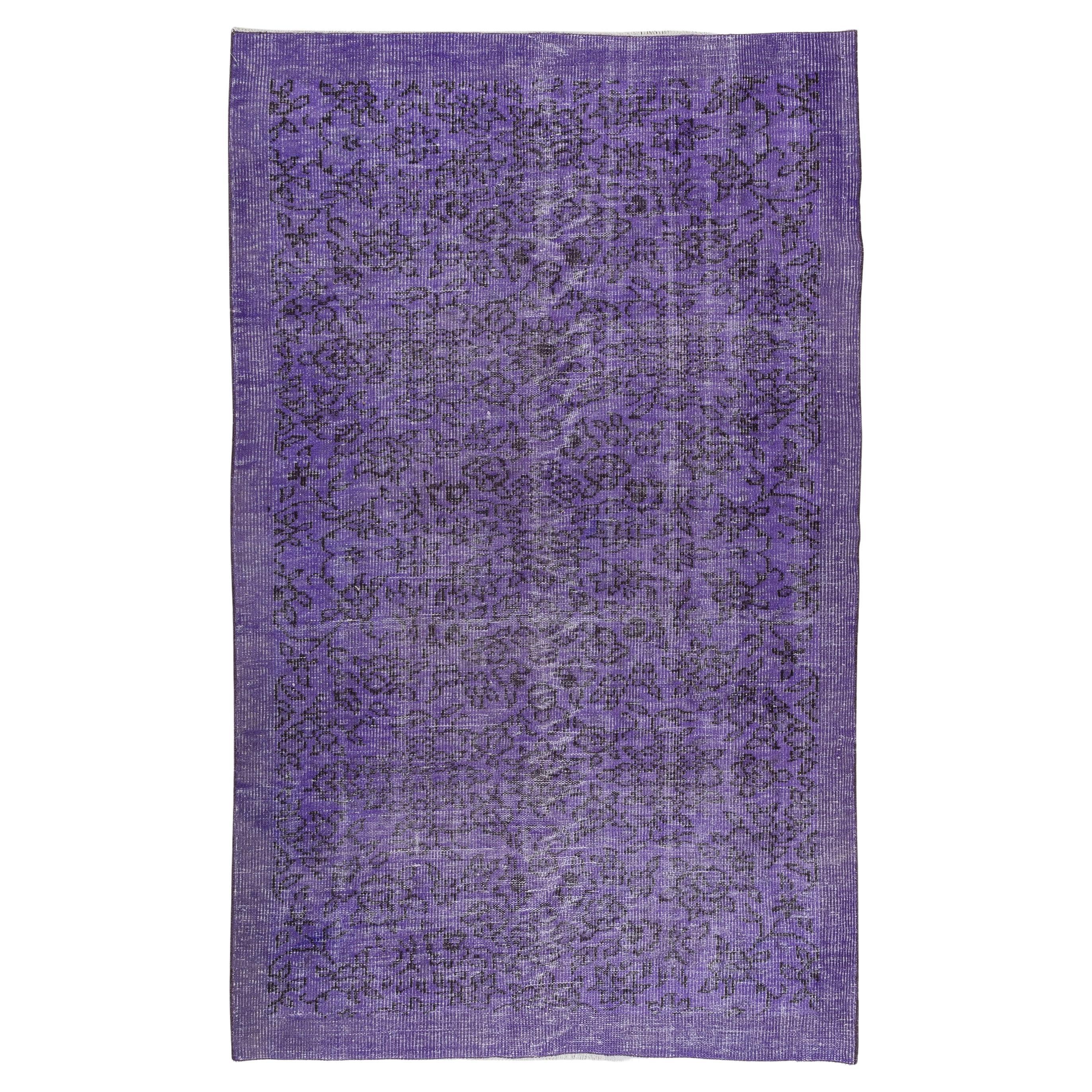 Floral Handmade Turkish Rug Over-Dyed in Purple for Modern Interiors