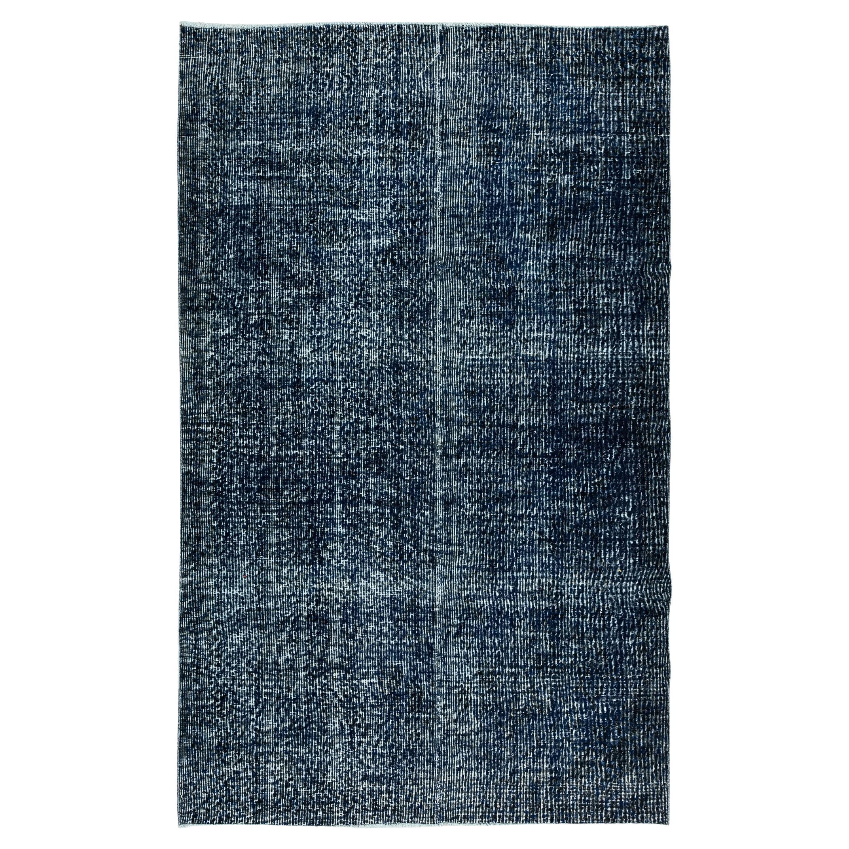 5.2x8.3 Ft Turkish Vintage Carpet Over-Dyed in Navy Blue, Modern HandKnotted Rug