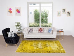 5.2x8.3 Ft Vintage Handmade Turkish Rug Overdyed in Yellow with Medallion Design
