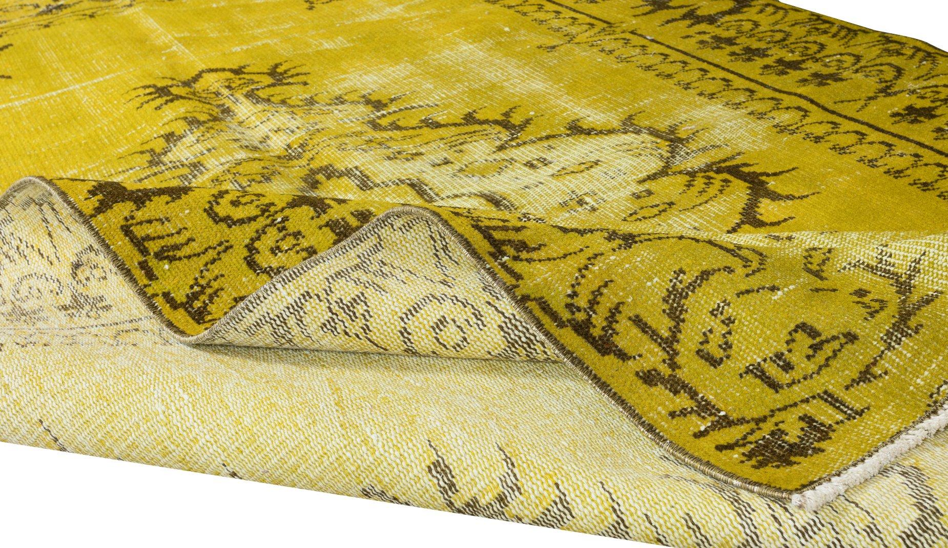 Modern 5.2x8.3 Ft Vintage Handmade Turkish Rug Overdyed in Yellow with Medallion Design For Sale
