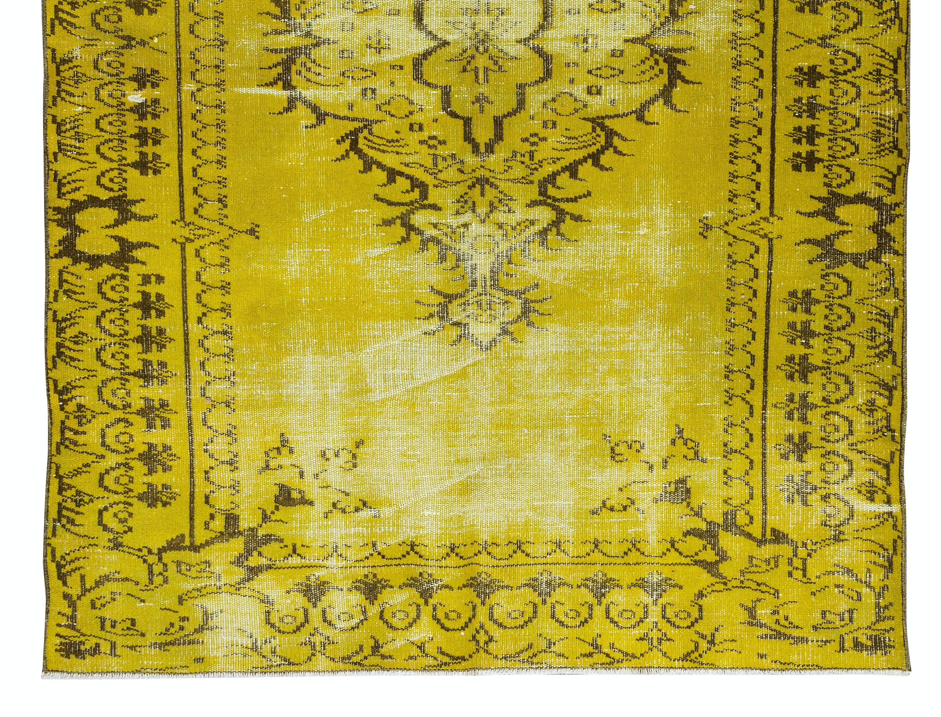 5.2x8.3 Ft Vintage Handmade Turkish Rug Overdyed in Yellow with Medallion Design In Good Condition For Sale In Spring Valley, NY