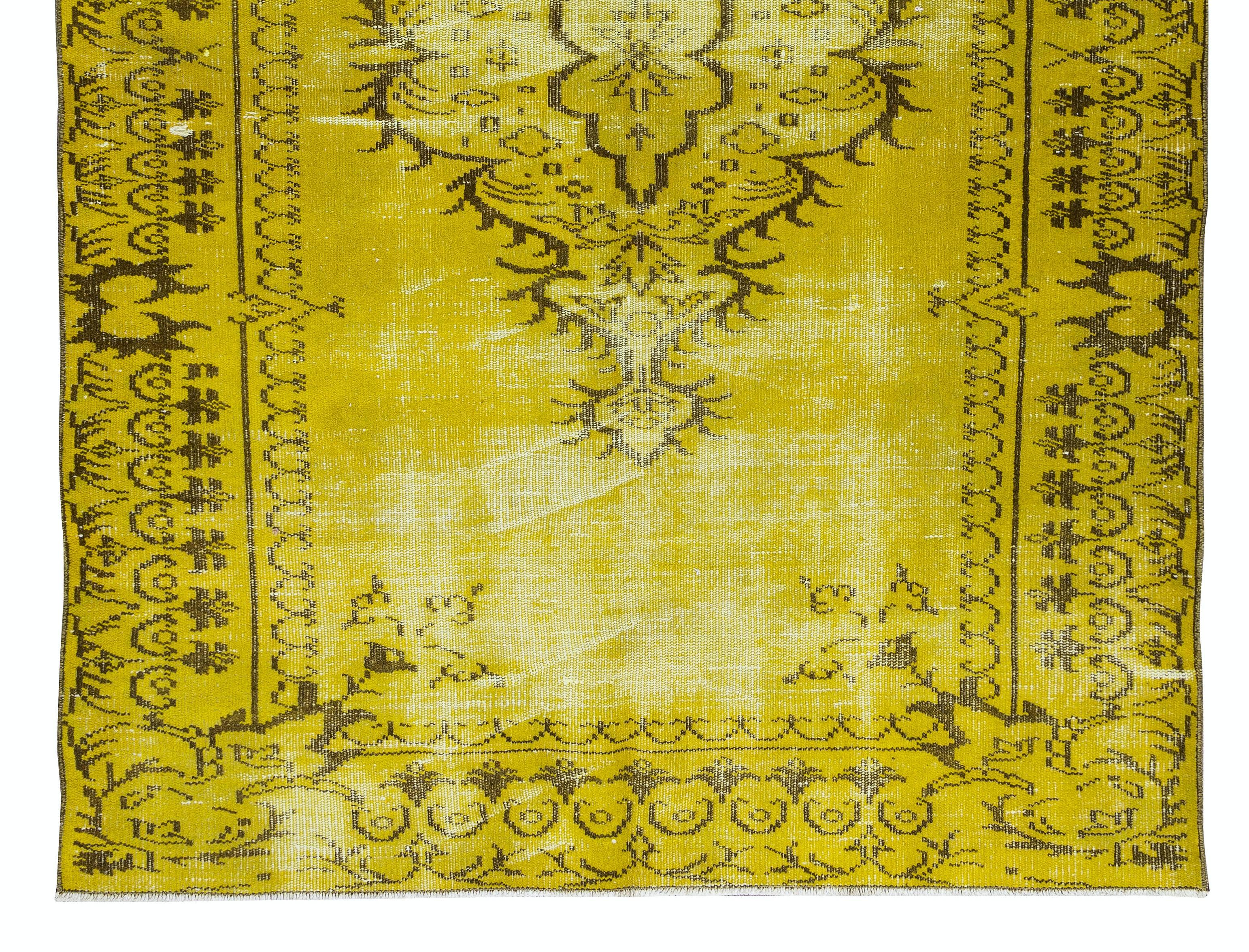 5.2x8.3 Ft Vintage Handmade Turkish Rug Overdyed in Yellow with Medallion Design In Good Condition For Sale In Philadelphia, PA