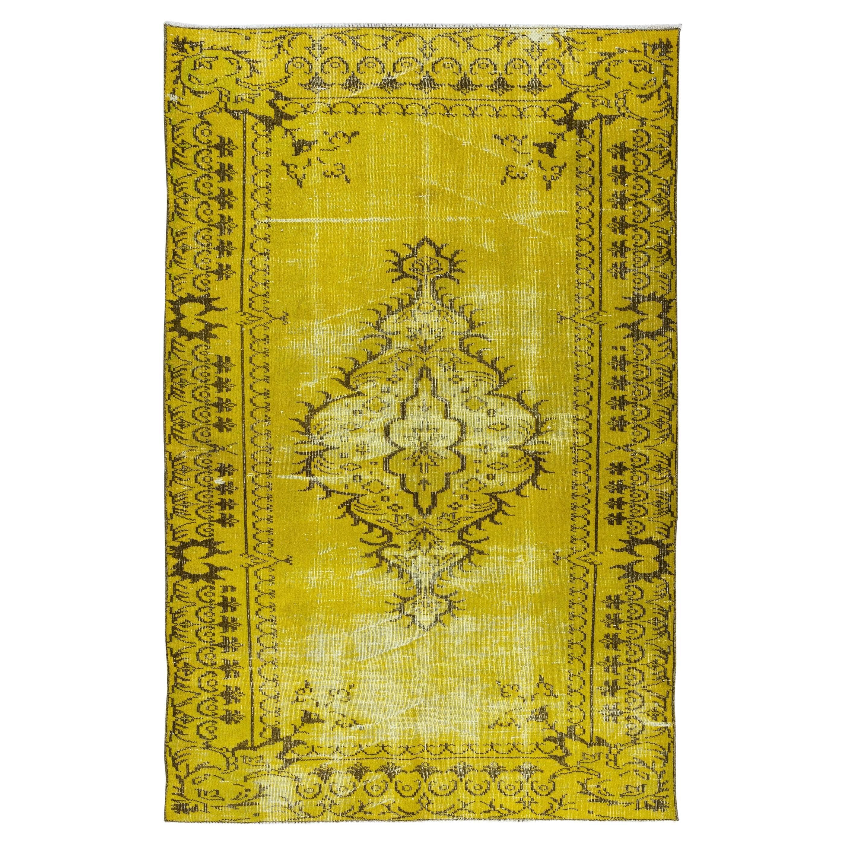 5.2x8.3 Ft Vintage Handmade Turkish Rug Overdyed in Yellow with Medallion Design For Sale