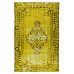5.2x8.3 Ft Vintage Handmade Turkish Rug Overdyed in Yellow with Medallion Design