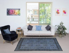 5.2x8.4 Ft Tappeto turco contemporaneo fatto a mano di colore blu con design floreale