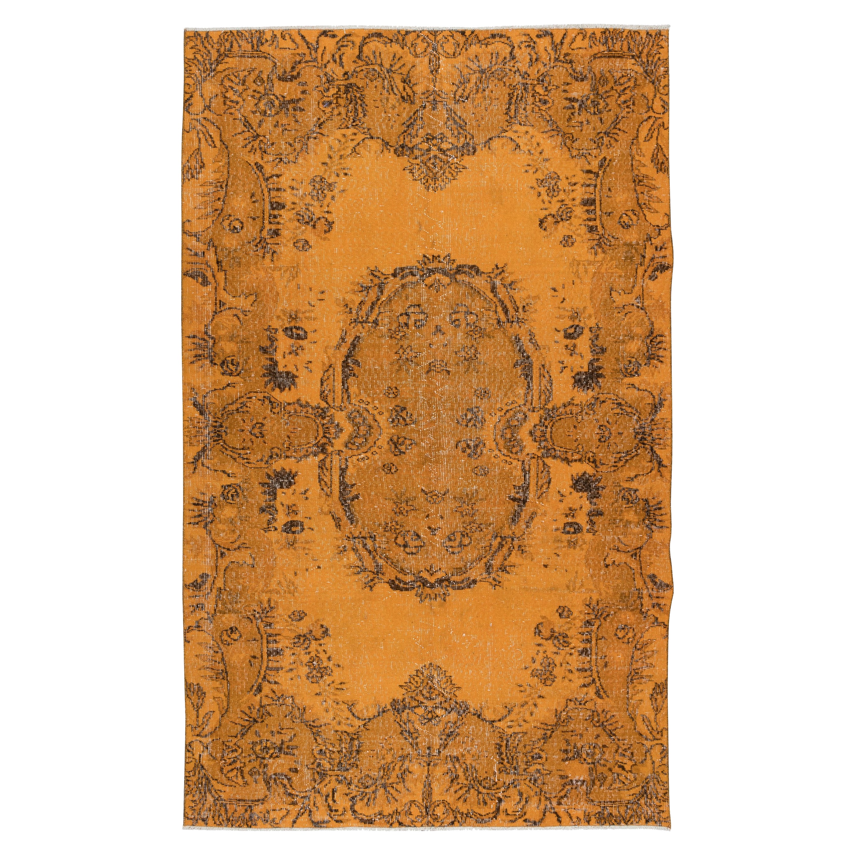 Tappeto d'area arancione di ispirazione francese Aubusson 5.2x8.4 Ft, annodato a mano in Turchia