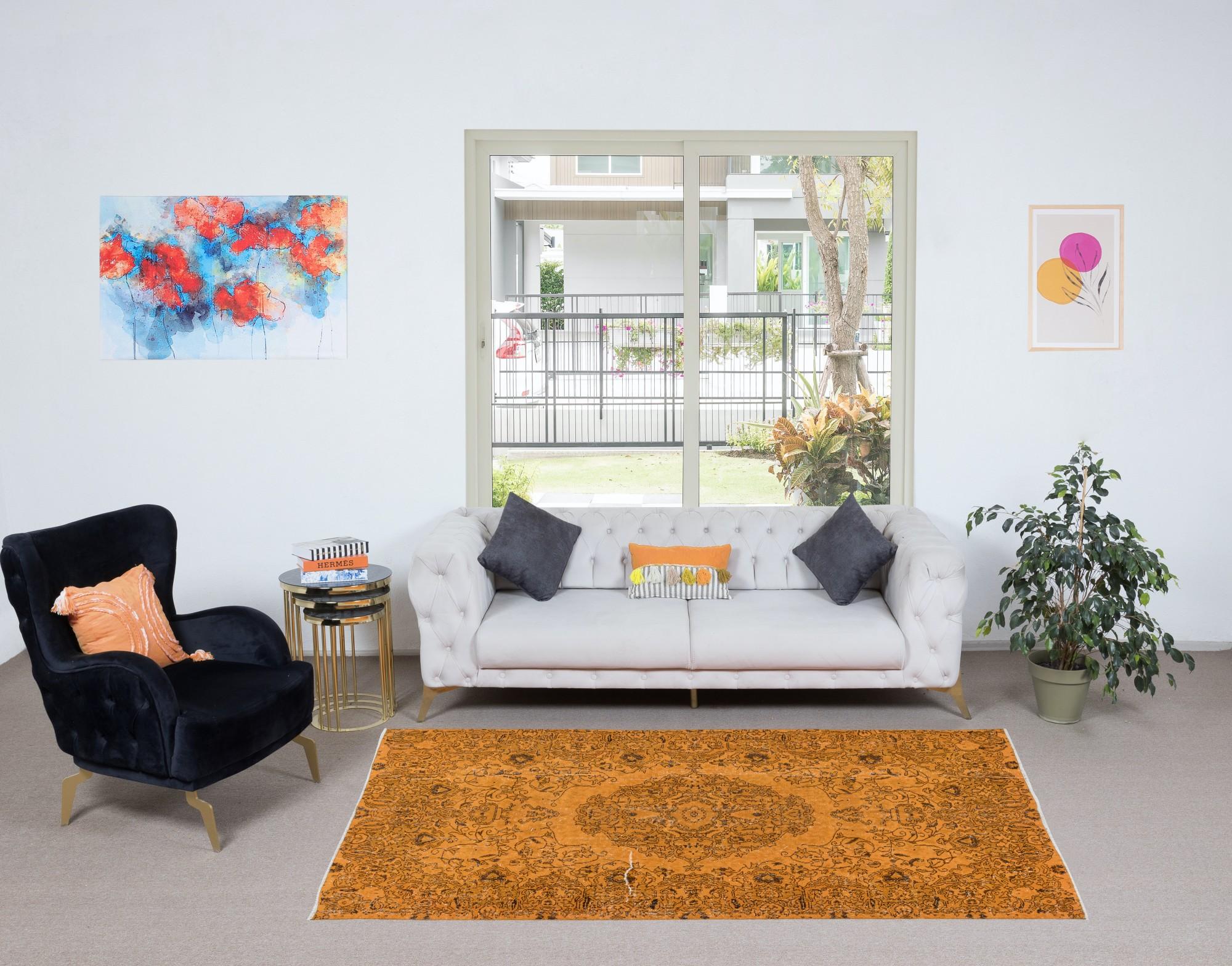 5.2x8.4 Ft Handmade Orange Area Rug from Turkey, Modern Medallion Design Carpet In Good Condition For Sale In Spring Valley, NY