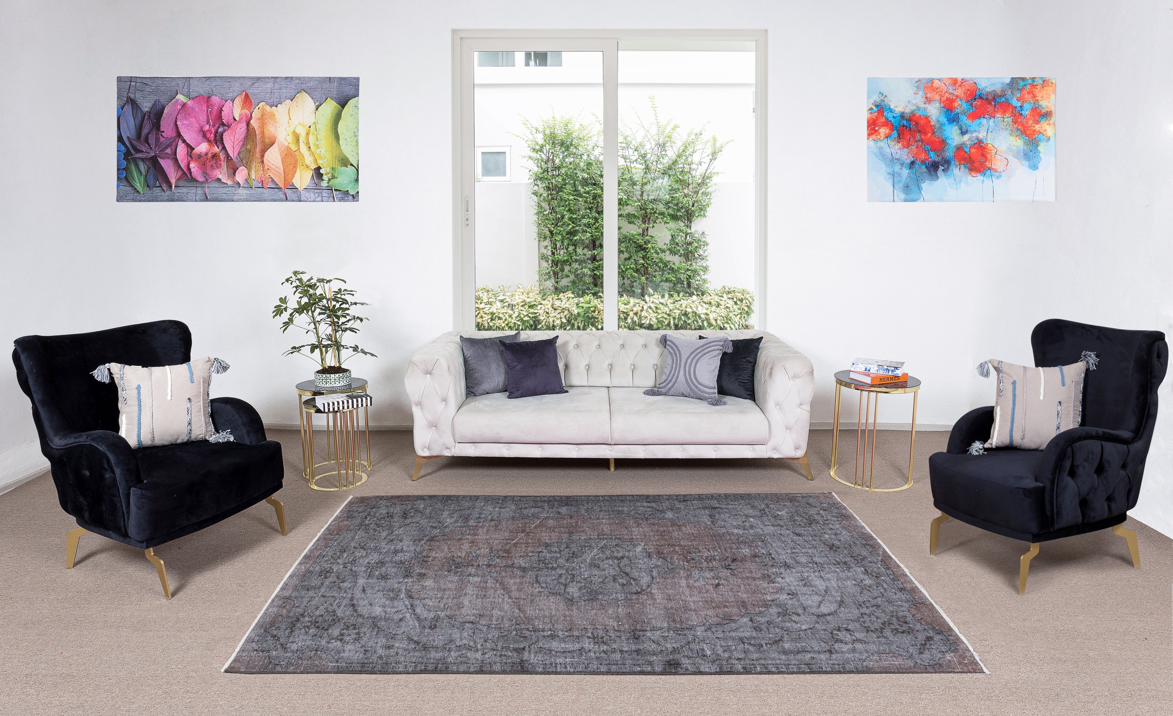 5.2x8.4 Ft Handgefertigter Türkischer Teppich in Grau & Brown. Moderner Teppich im Medaillon-Design