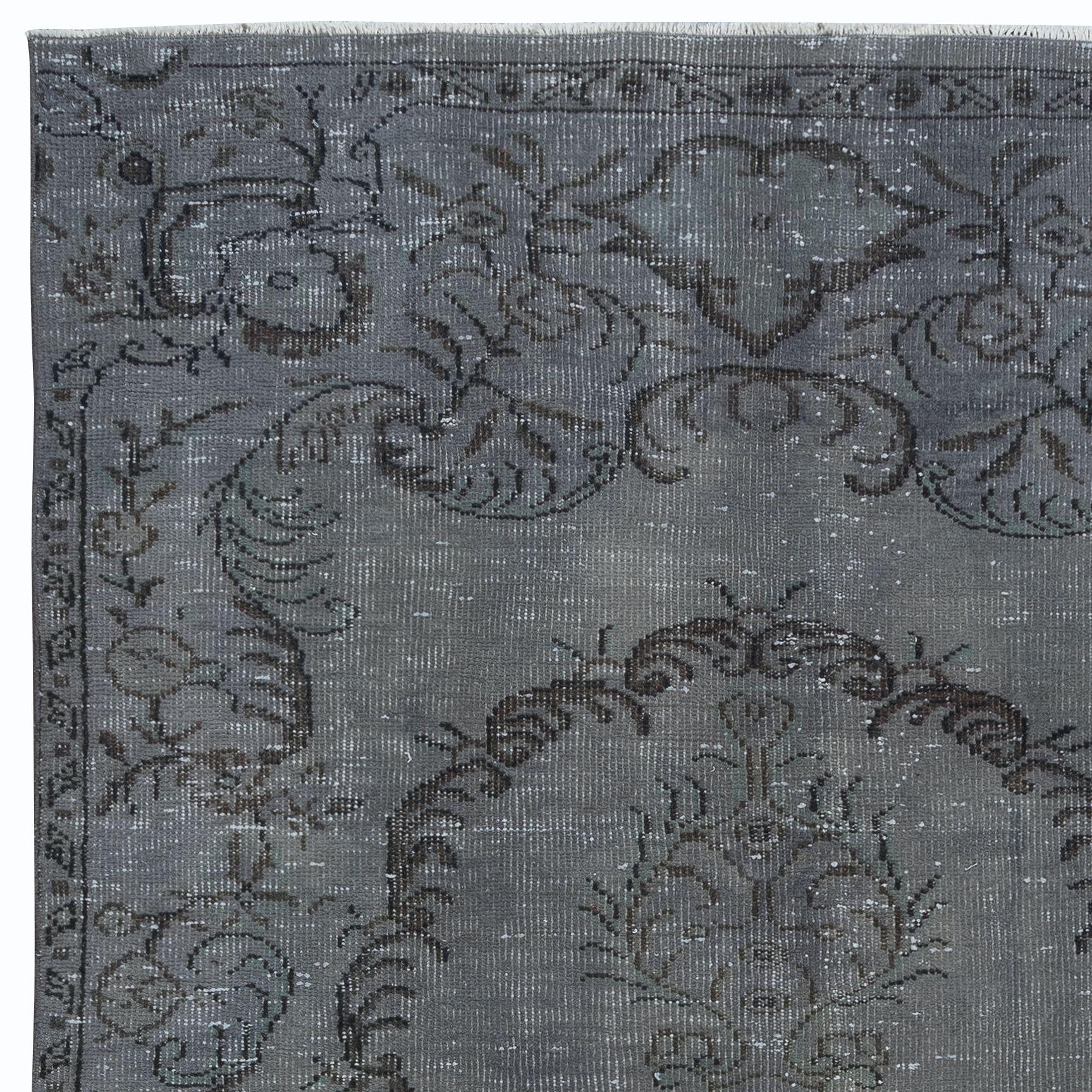 Hand-Woven 5.2x8.6 Ft Handmade Turkish Rug Over-Dyed in Gray, Vintage Upcycled Carpet For Sale
