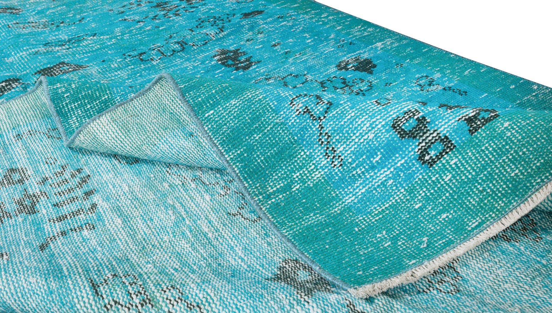 Turkish 5.2x8.6 Ft Modern Handmade Rug. Vintage Anatolian Carpet Over-Dyed in Teal Blue
