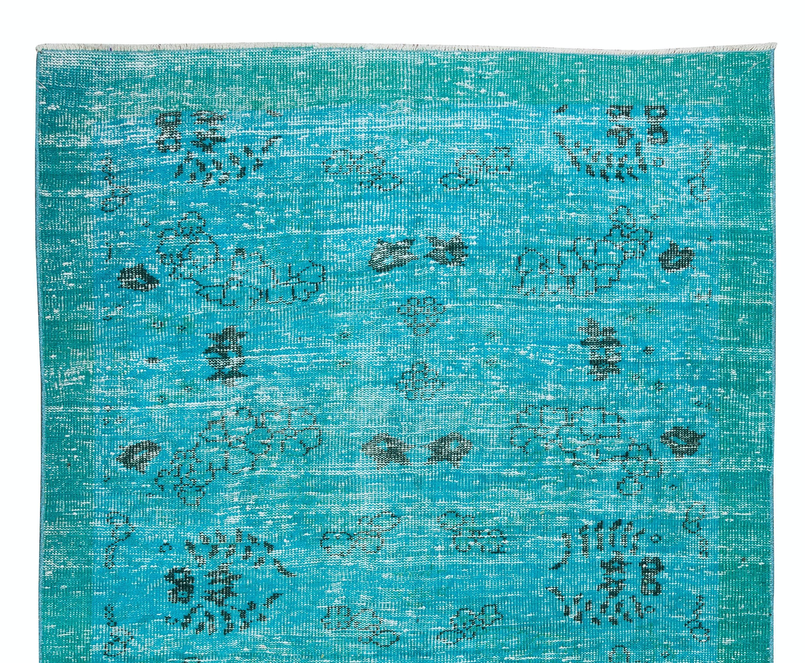 Hand-Woven 5.2x8.6 Ft Modern Handmade Rug. Vintage Anatolian Carpet Over-Dyed in Teal Blue