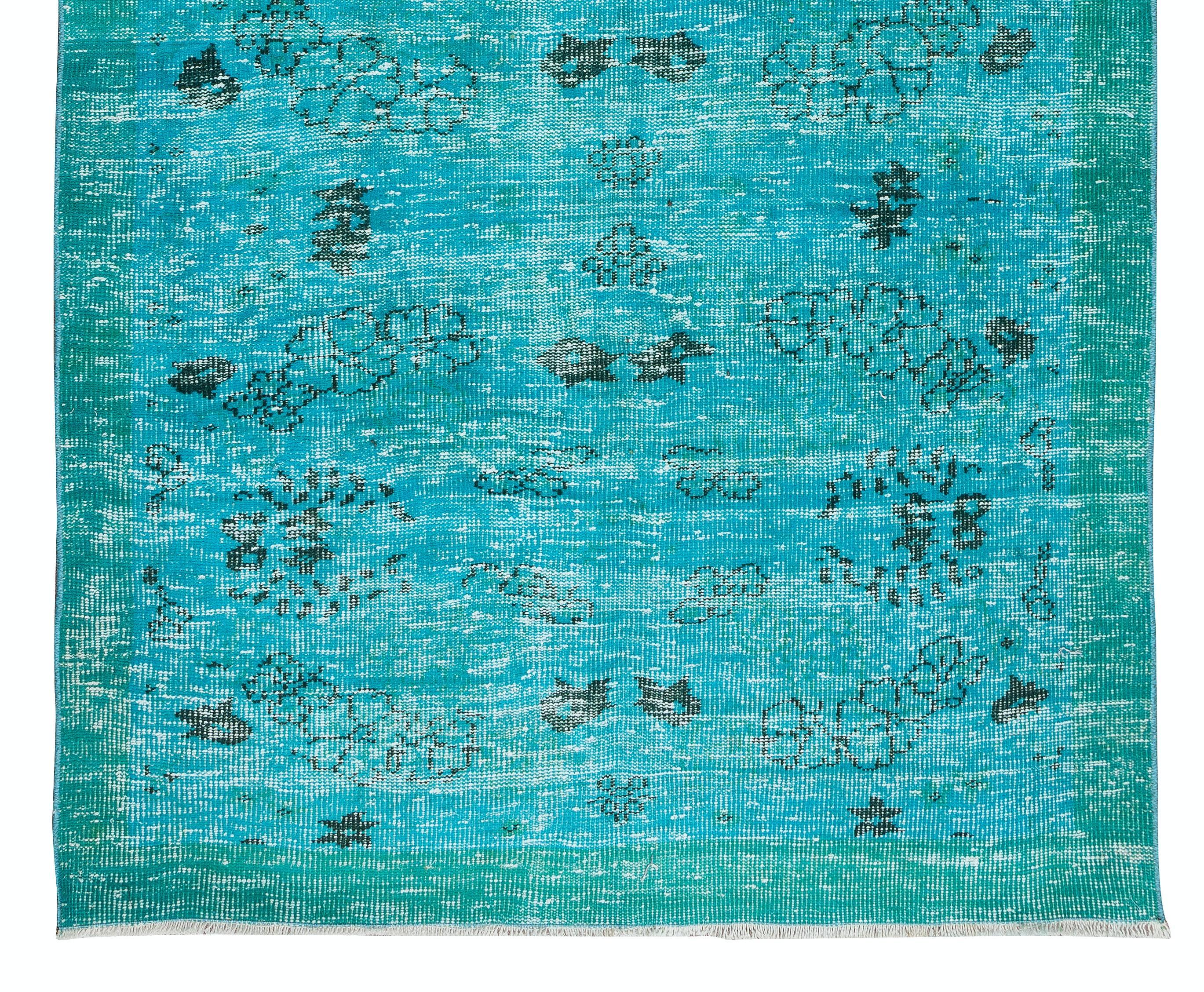 5.2x8.6 Ft Modern Handmade Rug. Vintage Anatolian Carpet Over-Dyed in Teal Blue In Good Condition In Philadelphia, PA