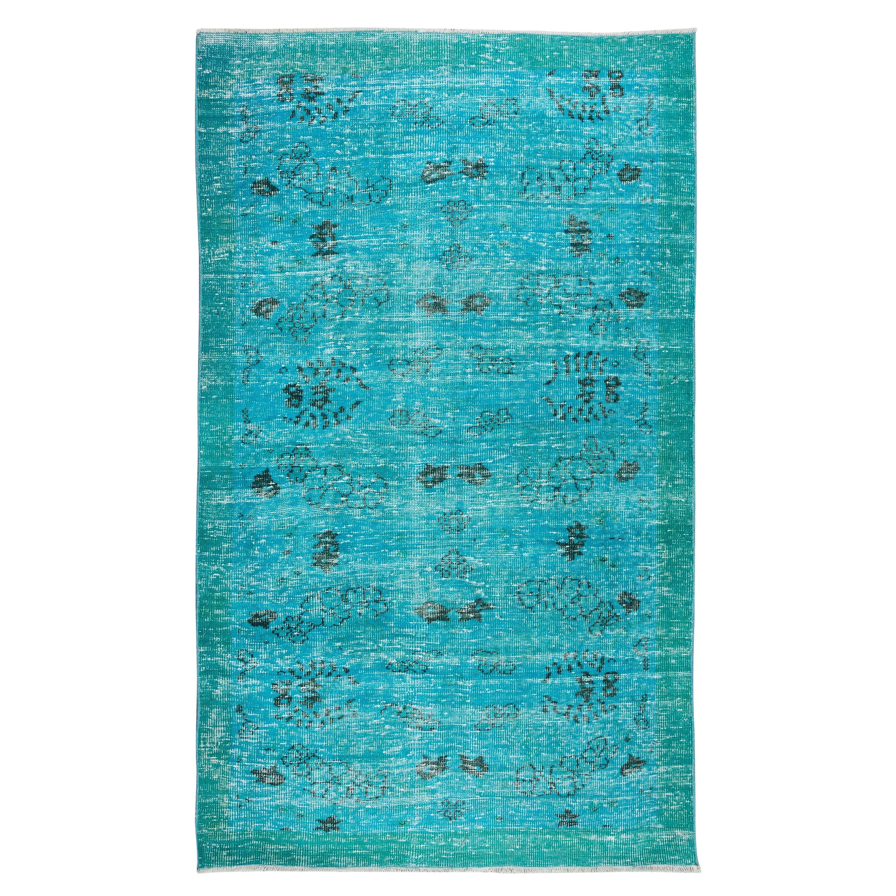 5.2x8.6 Ft Modern Handmade Rug. Vintage Anatolian Carpet Over-Dyed in Teal Blue