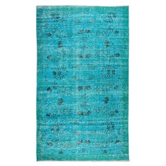 5.2x8.6 Ft Modern Handmade Rug. Vintage Anatolian Carpet Over-Dyed in Teal Blue