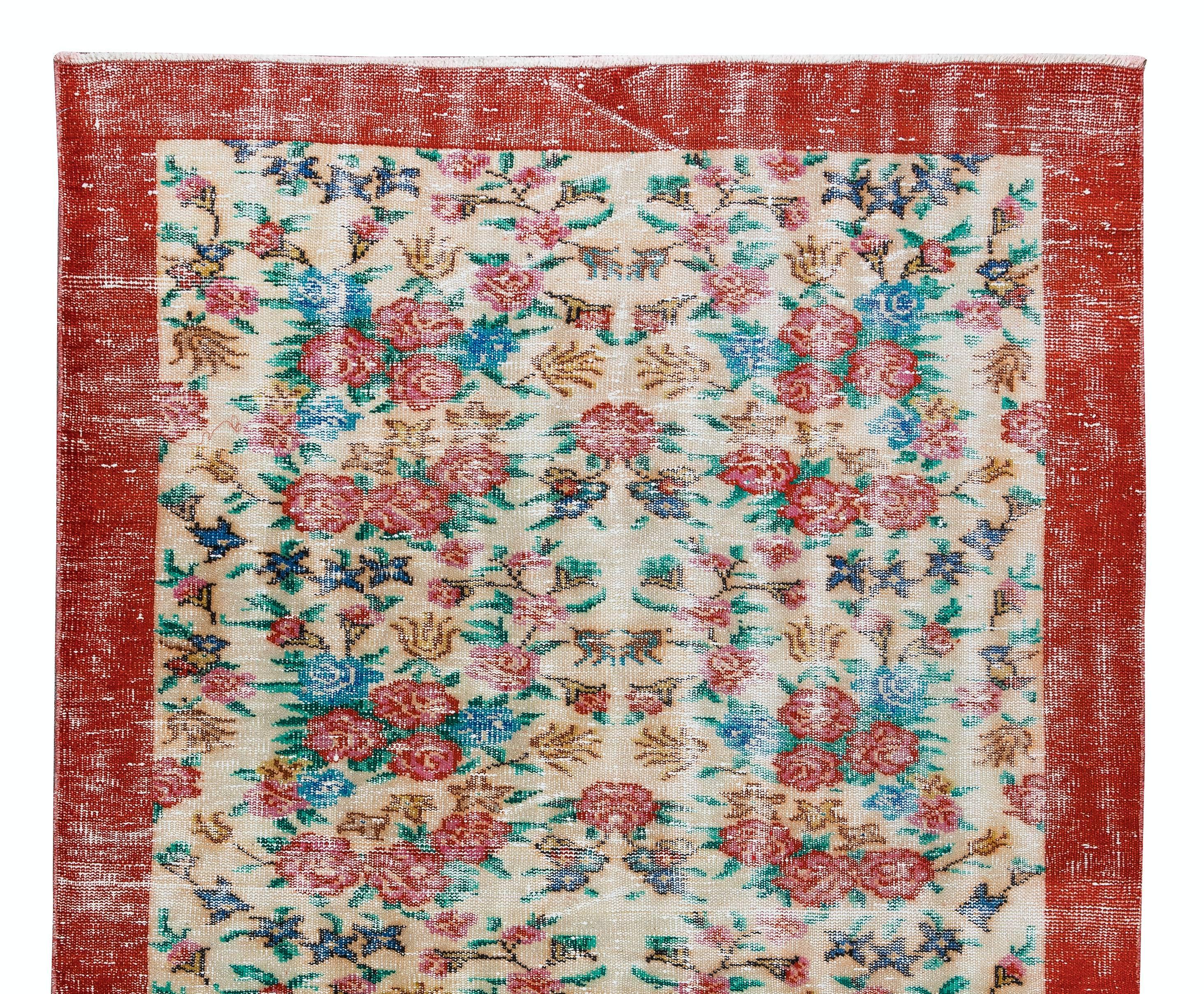 Hand-Woven 5.2x8.8 Ft Authentic Vintage Handmade Floral Turkish Area Rug for Office & Home For Sale
