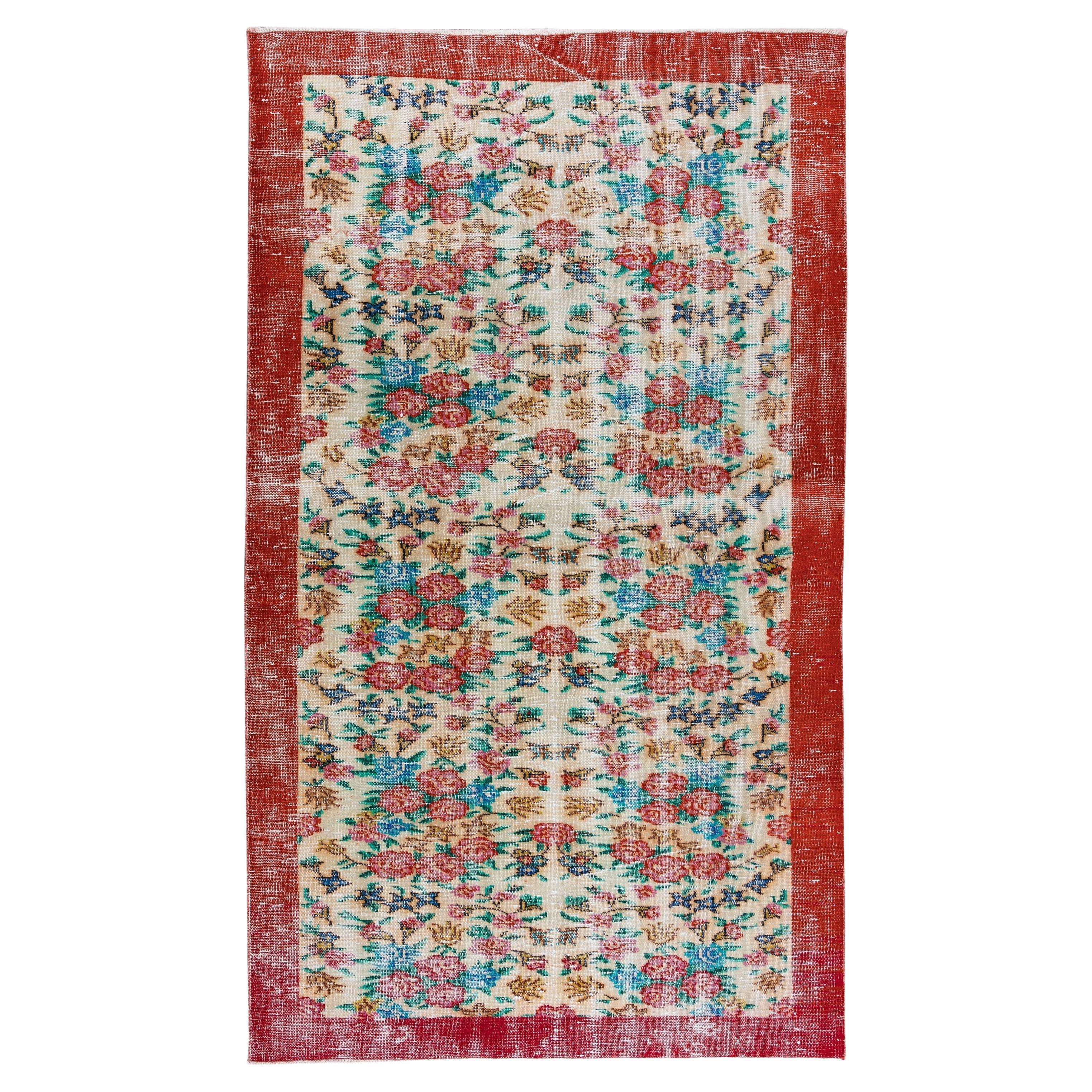5.2x8.8 Ft Authentic Vintage Handmade Floral Turkish Area Rug for Office & Home For Sale
