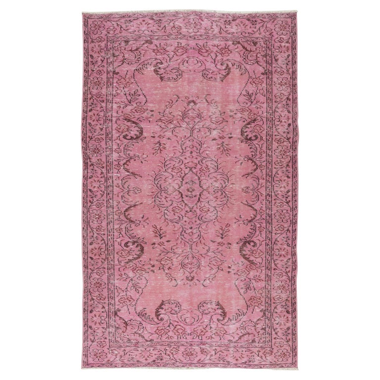 Pink Turkish Rug Pattern 5.2x8.8 Ft MidCentury Handmade Turkish Rug Re-Dyed in Pink with ...