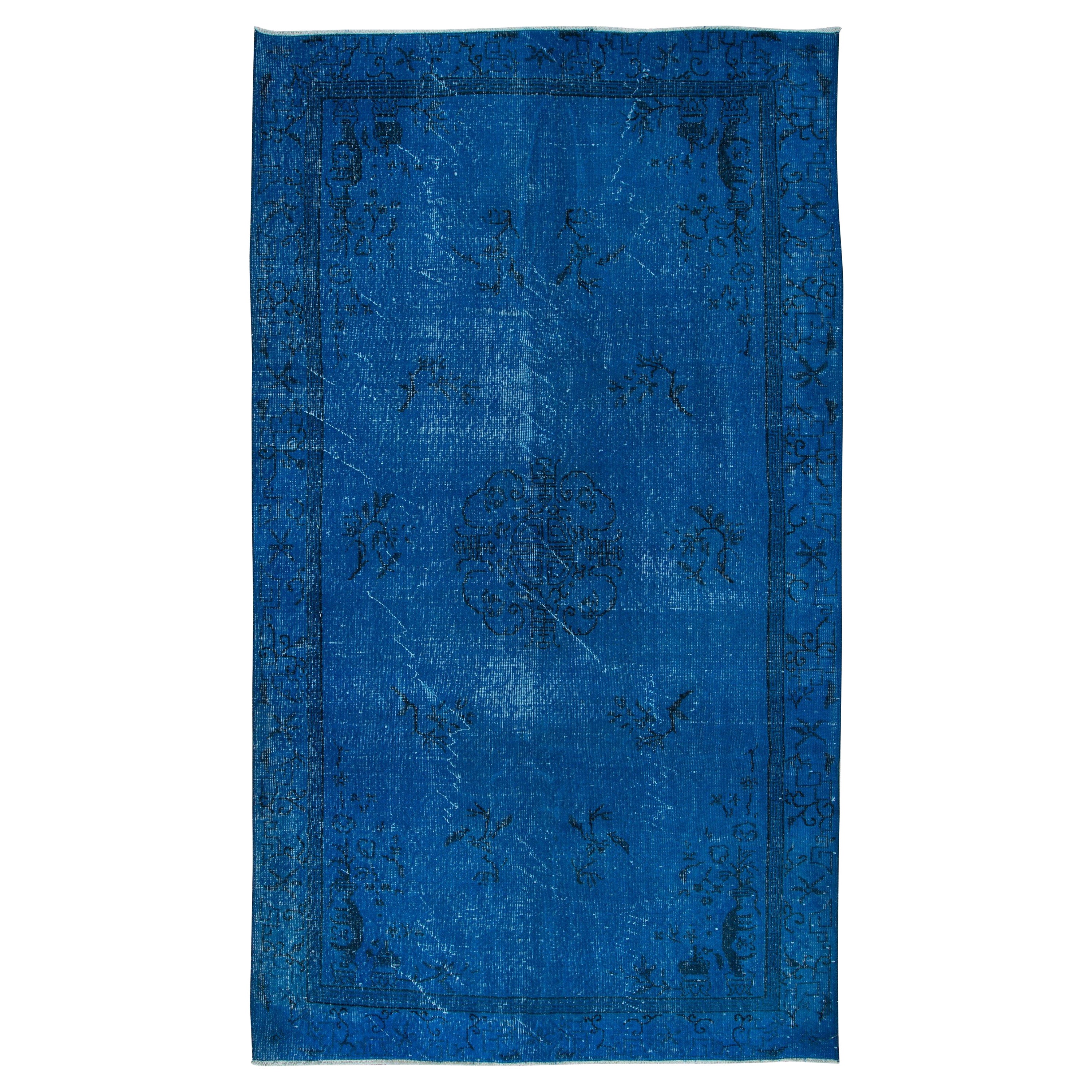 Tappeto blu moderno 5.2x8.8 Ft con design cinese Art Deco, fatto a mano in Turchia