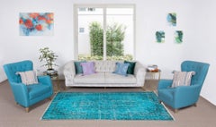 5.2x8.8 Ft Modern Handmade Rug. Turkish Vintage Carpet Over-Dyed in Teal Blue