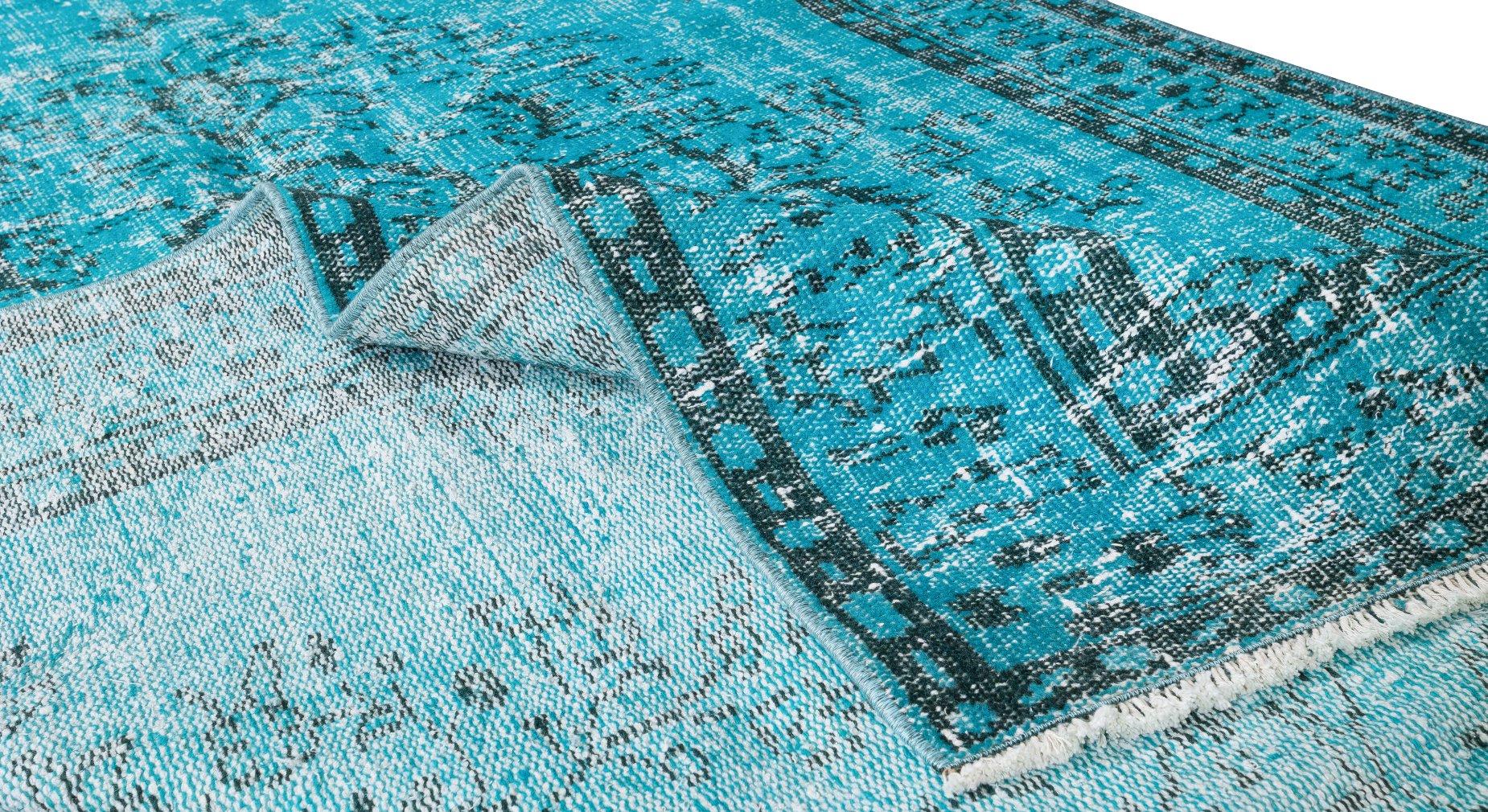 Hand-Woven 5.2x8.8 Ft Modern Handmade Rug. Turkish Vintage Carpet Over-Dyed in Teal Blue
