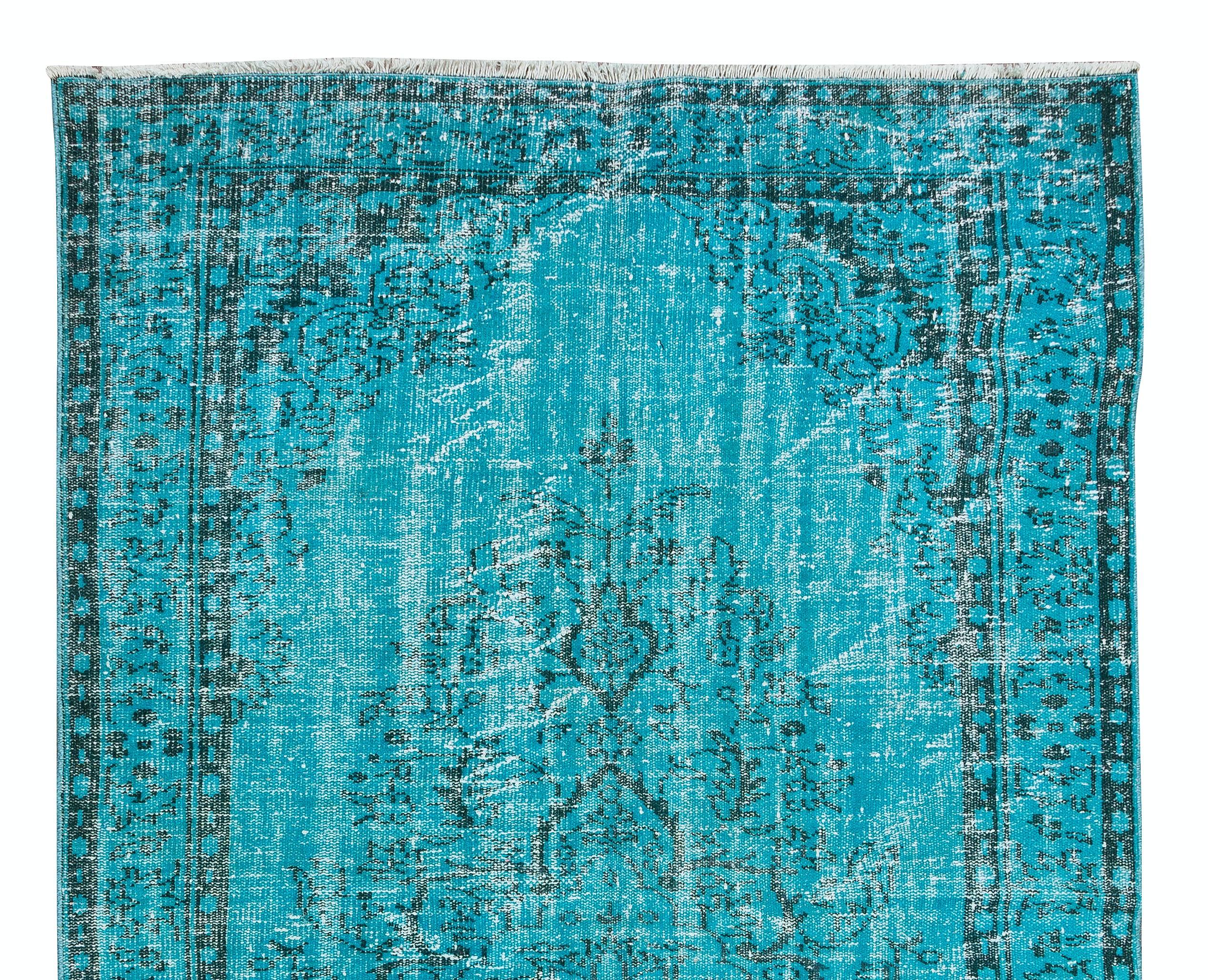 5.2x8.8 Ft Modern Handmade Rug. Turkish Vintage Carpet Over-Dyed in Teal Blue In Good Condition In Philadelphia, PA