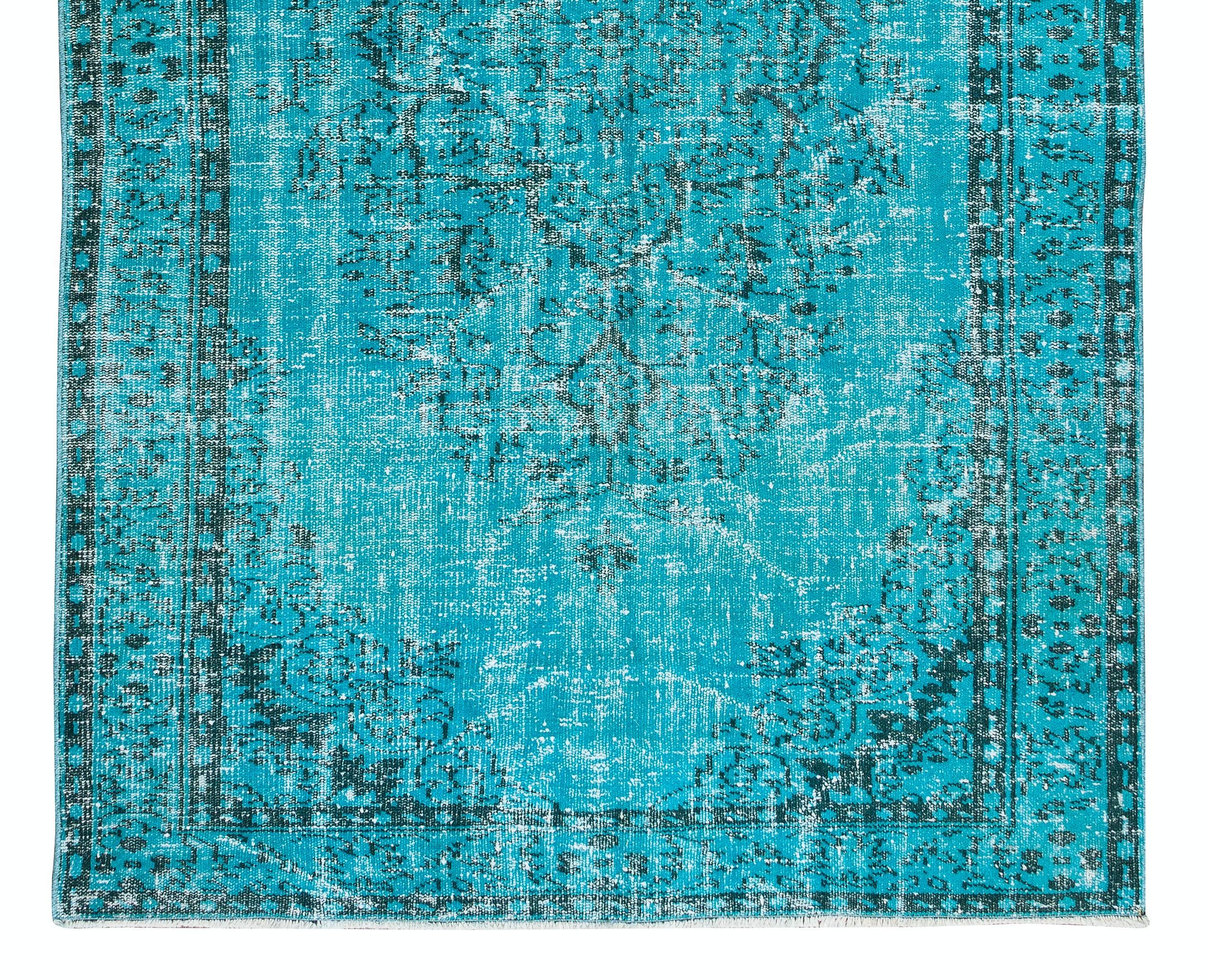 20th Century 5.2x8.8 Ft Modern Handmade Rug. Turkish Vintage Carpet Over-Dyed in Teal Blue