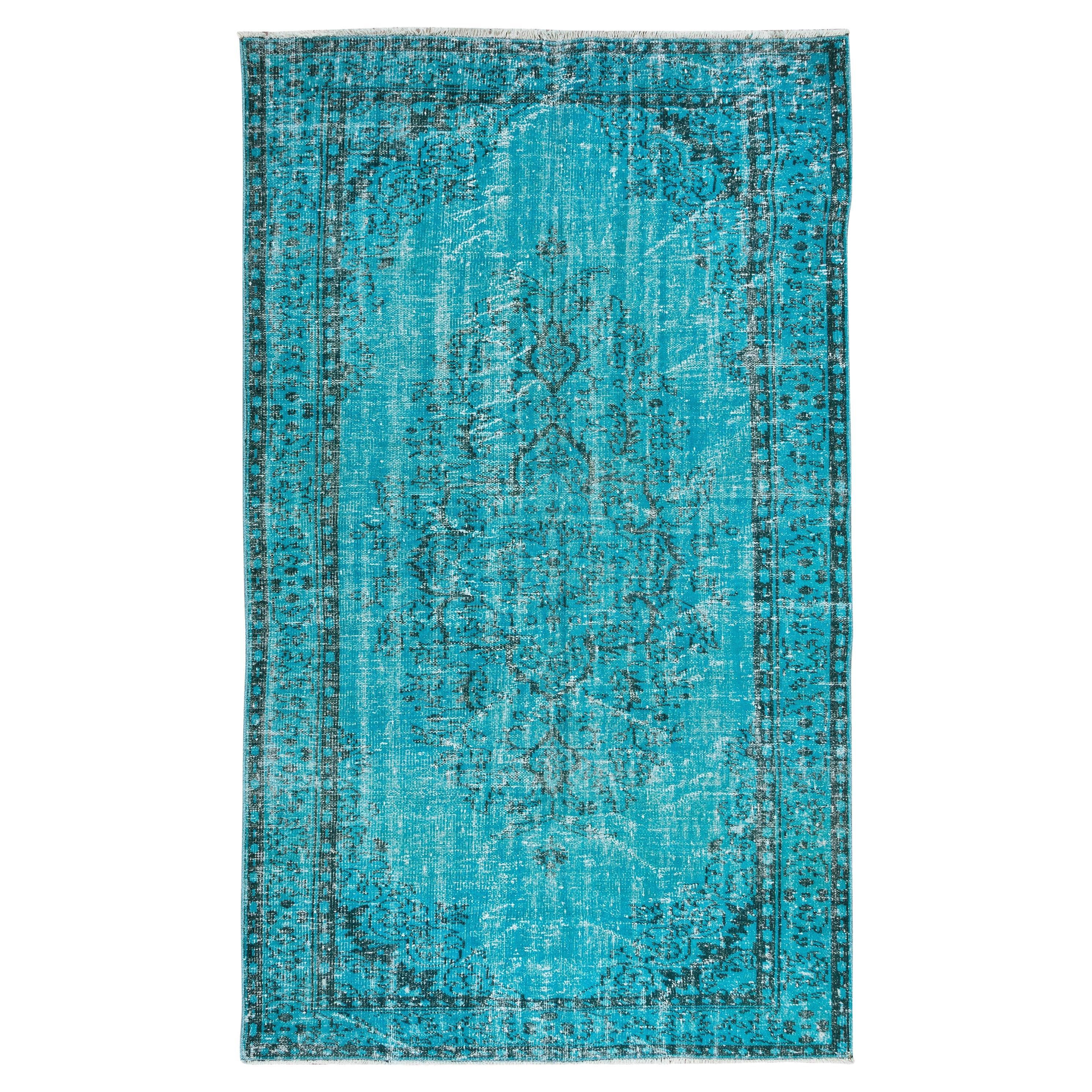 5.2x8.8 Ft Modern Handmade Rug. Turkish Vintage Carpet Over-Dyed in Teal Blue